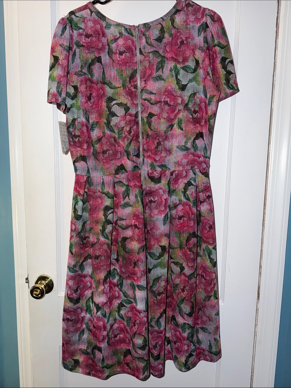 LuLaRoe Pink Floral Midi Dress with Green Leaves - Picture 6 of 6